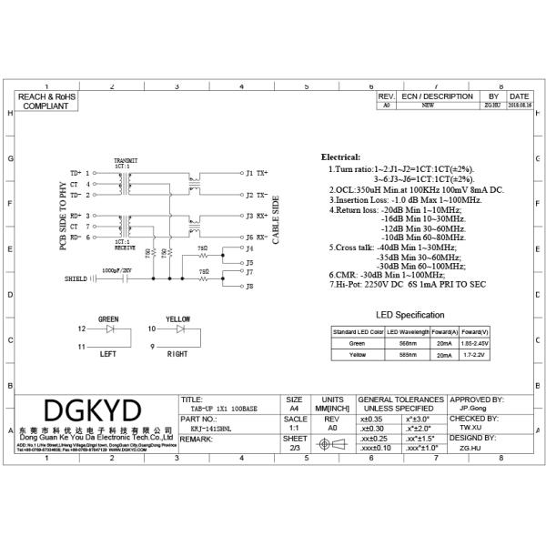 Tab Up 10/100 Base RJ45 Modular Jack With Network Filter Leds And EMI Fingers