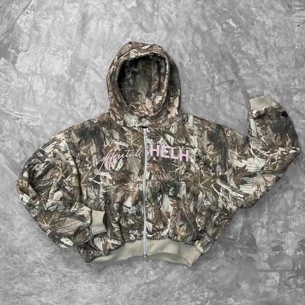 Sweat-shirt vintage délavé de chasse pour femme en plein air, camouflage à capuche surdimensionnée avec fermeture éclair, imprimé arbre lourd pour femme