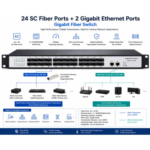 24 Port SC Fiber Switch With 2 Gigabit RJ45 Uplink Ports Media Converter