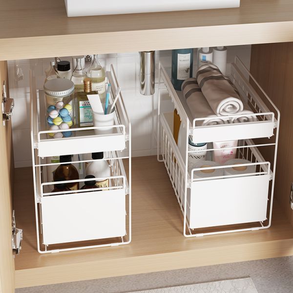 Bathroom Kitchen Stackable Double-layer Pull-out Storage Basket Spice Rack Basket  Under Sink Organizer Bathroom Shelf