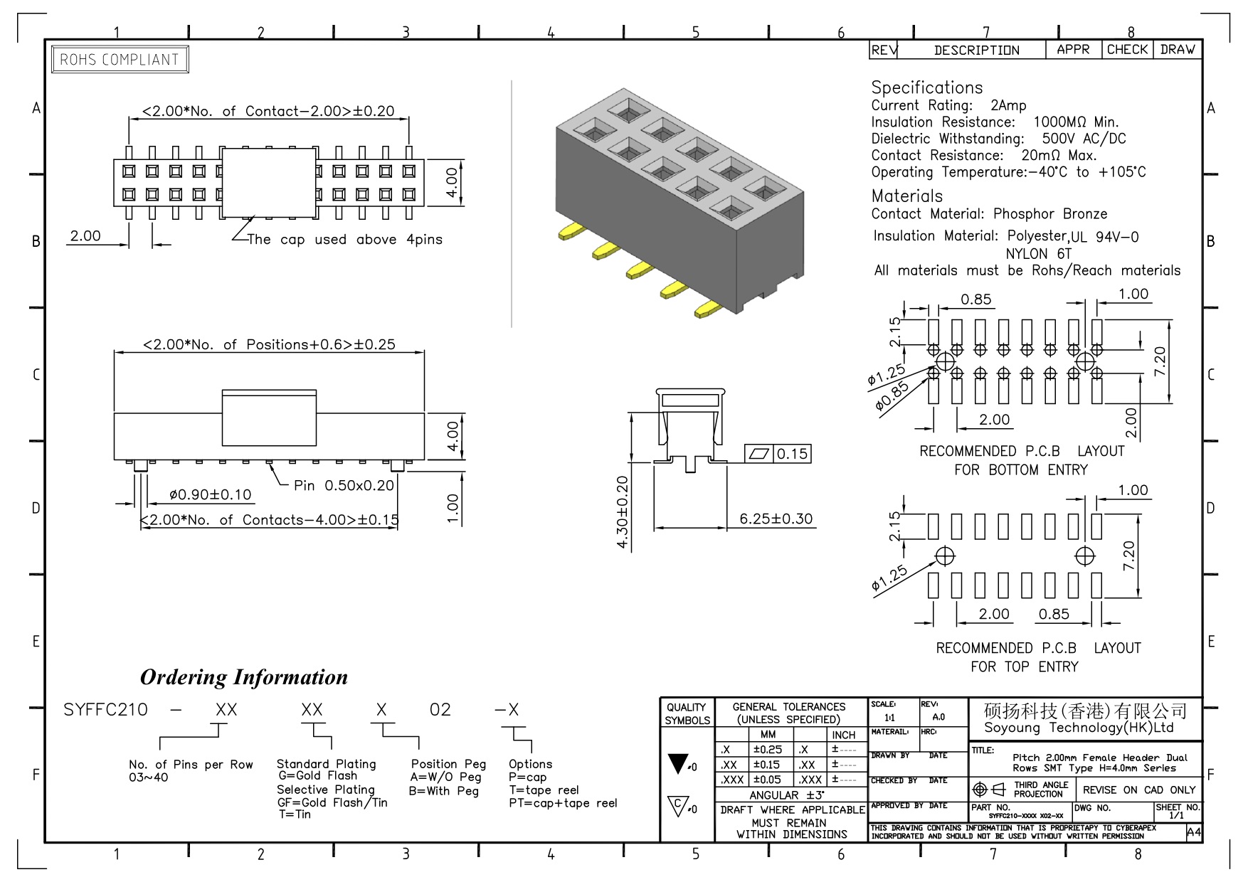 Женское ТИП 2 *2PIN строки SMT соединителя 2.00mm заголовка двойное к 2*40PIN H=4.00mm