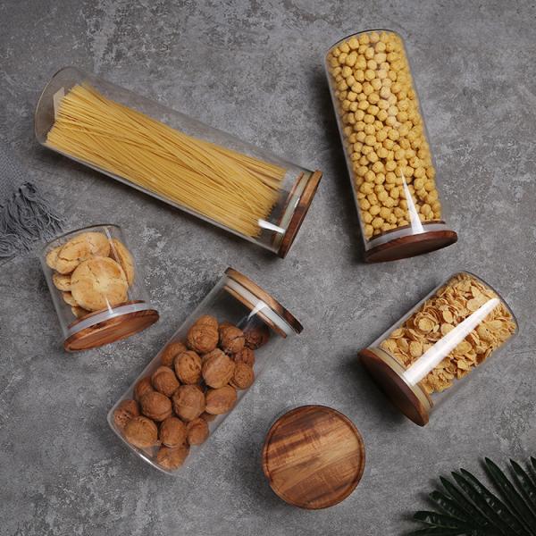 Custom Capacity Stocked Sealed Clear Round Borosilicate Glass Packaging Containers Jar with Wood Lid