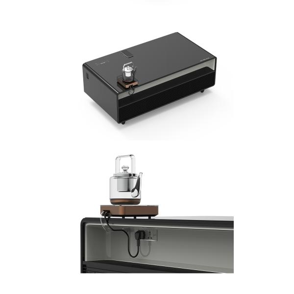 Hotel Fridge Wine Cooler with Music Speaker and Wireless Charging in Black Wood Grain
