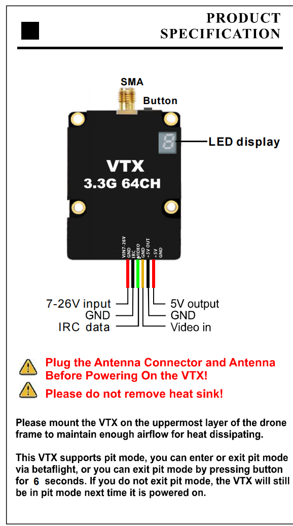 VTX FPV Video Transmitter 3.3GHz 30-40km LOS 7W 30.5 * 30.5 Installing Hole