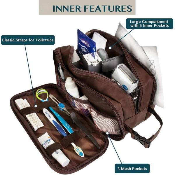 Dopp Kit resistente al agua de color marrón oscuro PU Bolso de afeitar de cuero organizador de bolso de viaje para accesorios higiene cosmética
