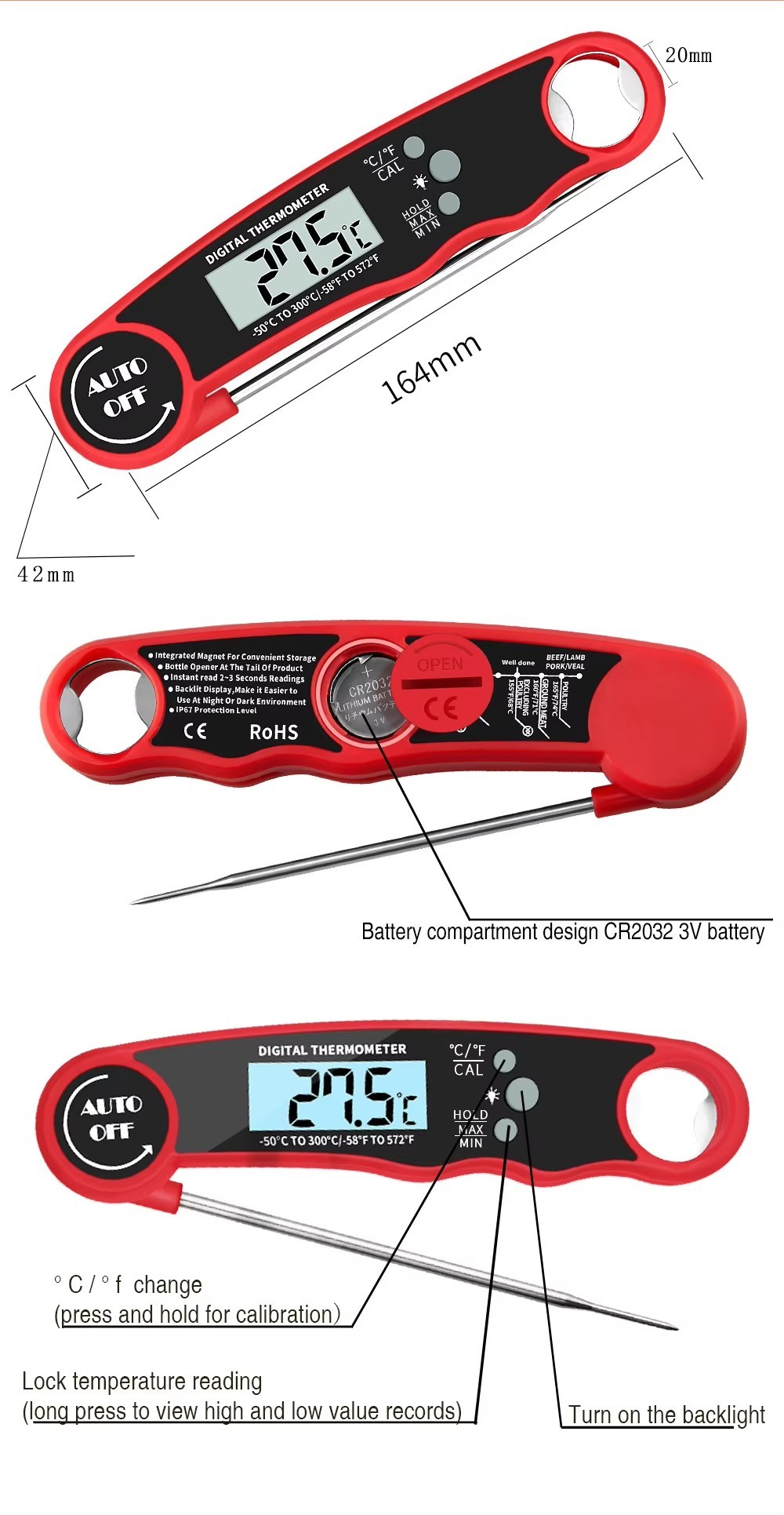 DTH-138R Instant Read Meat Thermometer Digital Kitchen Cooking Food BBQ Candy Oven Thermometer