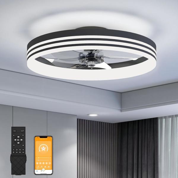 20 pouces 5 lames 6 vitesses de vent Smart faible profil Ventilateur de plafond lumières de chasse à l' eau montée avec APP télécommande pour chambre à coucher salon