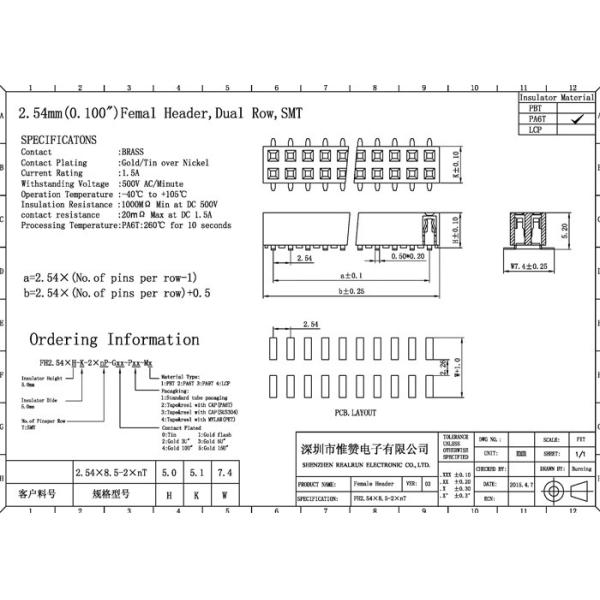 Dual Row Female Header Connector 2.54mm Pitch With Column Oxidation Resistance