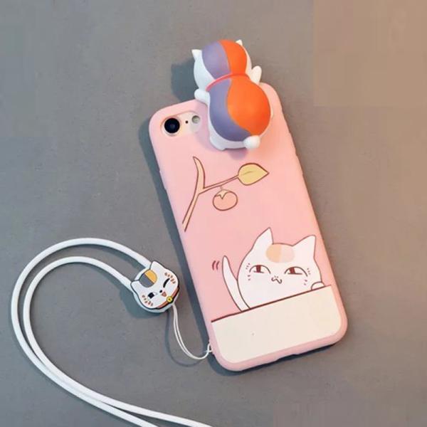 Soft TPU Lucky Cat Image 3D Doll Pasted Back Cover Cell Phone Case For iPhone 7 6s Plus with Cartoon Lanyard