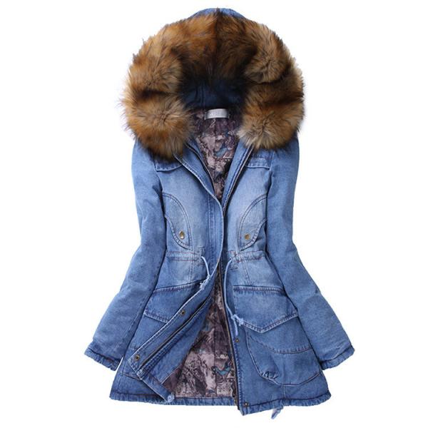 2020 Fur Collar Denim Jacket Winter Waterproof Thick Cotton-padded Hooded Jeans Coat Women