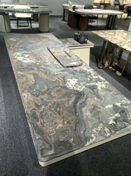 Italian Palissandro Blue Marble Table with Natural Veins and Artistic Centerpiece | Luxury Stone Table