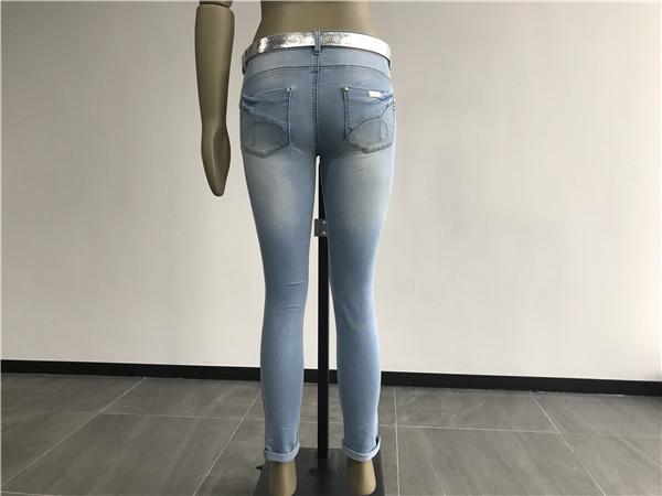 Milk / Light Blue Ladies Stretch Denim Jeans , Belted Skinny Jeans TW72964