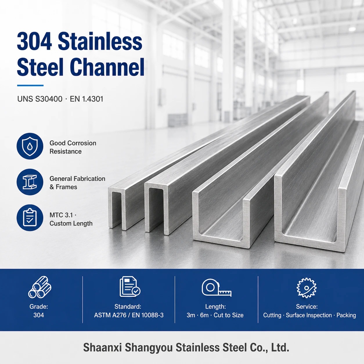 304 Stainless Steel Channel ASTM A276 with Custom Cutting and MTC 3.1