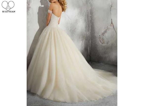 Sexy Ivory Ball Gown Wedding Dress Off Shoulder Short Sleeve Heavy Beading