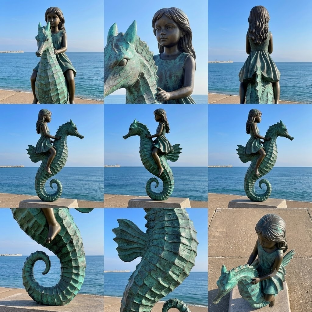 Life-Size Bronze Girl Riding Seahorse Statue