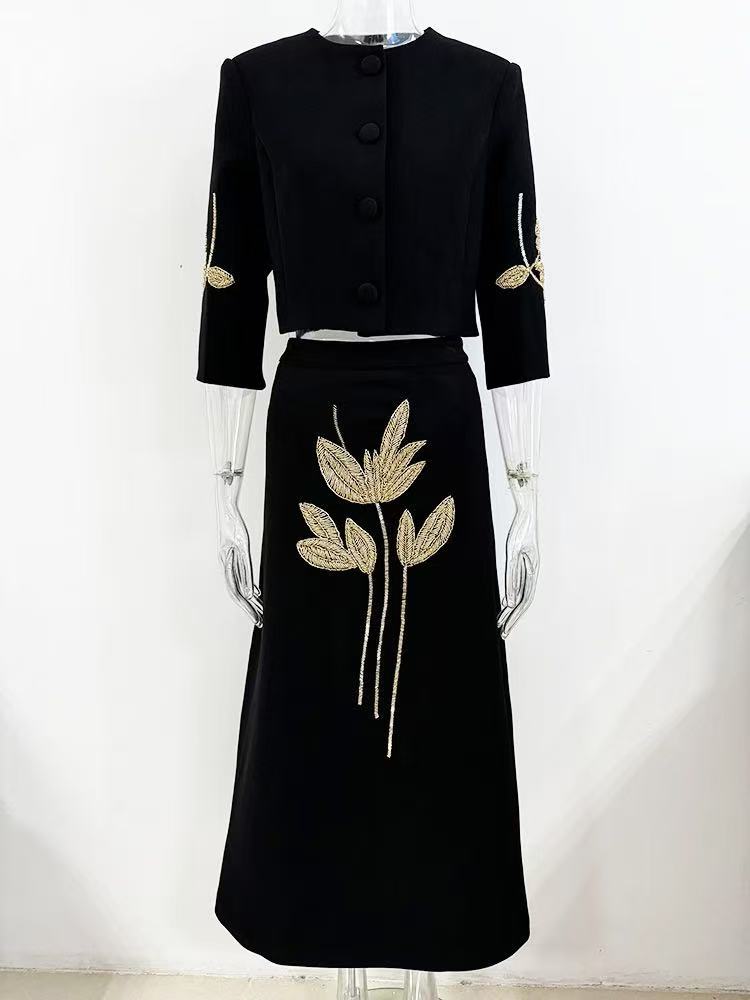 Women's Embroidered Crop Jacket & Skirt Set with Golden Leaf Embroidery High-Waisted Skirt and Polyester Blend Fabric