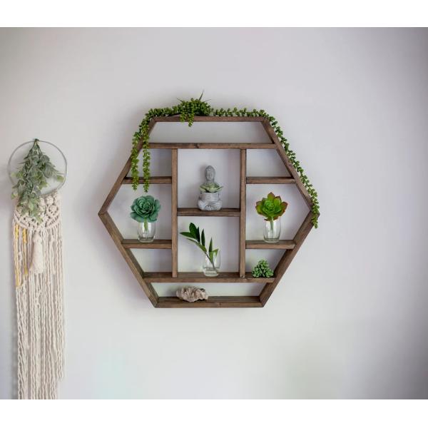 Home Decoration Solid Wood Hexagon Wall Mounted Floating Shelf Wooden Storage Shelves
