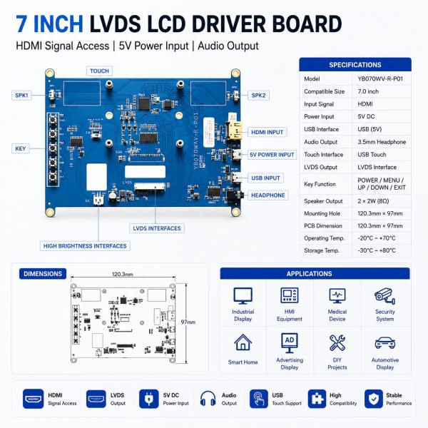 7 Inch HDMI Driver Board 40 Pin LVDS LCD Controller Board With 5V Power Input and Audio Output