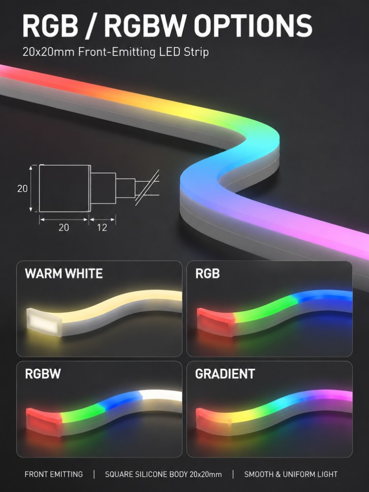 20x20mm Wide Front Emitting Silicone LED Strip Lights 120LED/M 9.5W For Building Lighting