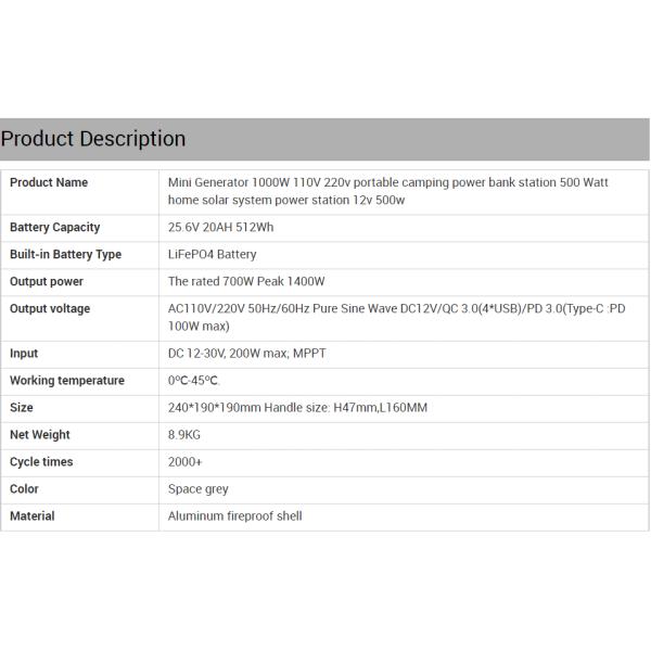 Generador solar de puerto USB tipo C de 500W AC DC para acampar completamente cargado en 6-7 horas