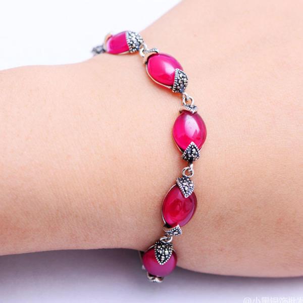 Thai Vintage Sterling Silver Pink Cubic Zircoina Tennis Bracelet (XH055793W)