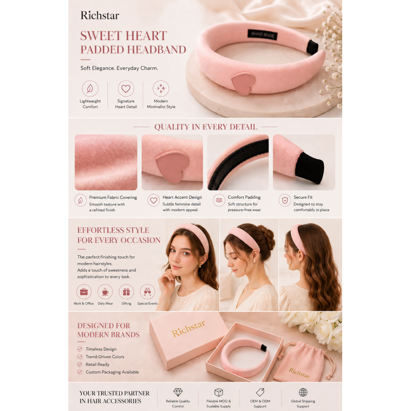 Richstar Soft Touch Lightweight Padded Headband with Heart Detail and Anti-Slip Design for Women