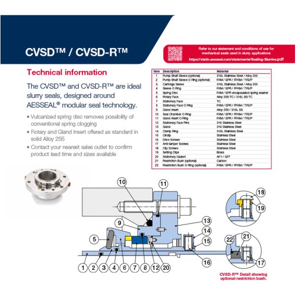 AESSEAL CVSD CVSD-R Cartridge Mechanical Seals Vulcanized Spring Disc Seal for Slurry Pump