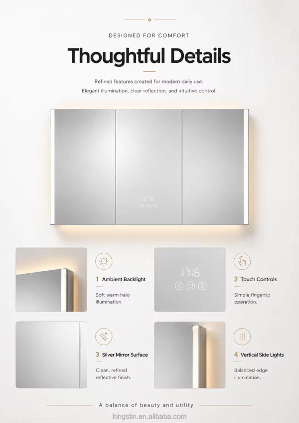 Kingstin Smart LED Bathroom Mirror Cabinet with Lights, Defogger & Clock | Premium Storage Vanity Medicine Cabine