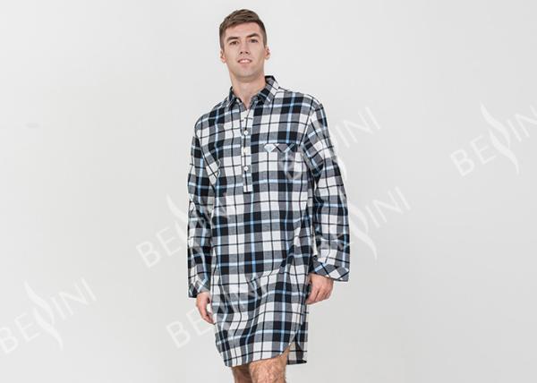 Mens Woven Cotton Brushed Twill Yarn Dyed Long Sleeve Nightshirt Button Placket Embroidery Curved Hem