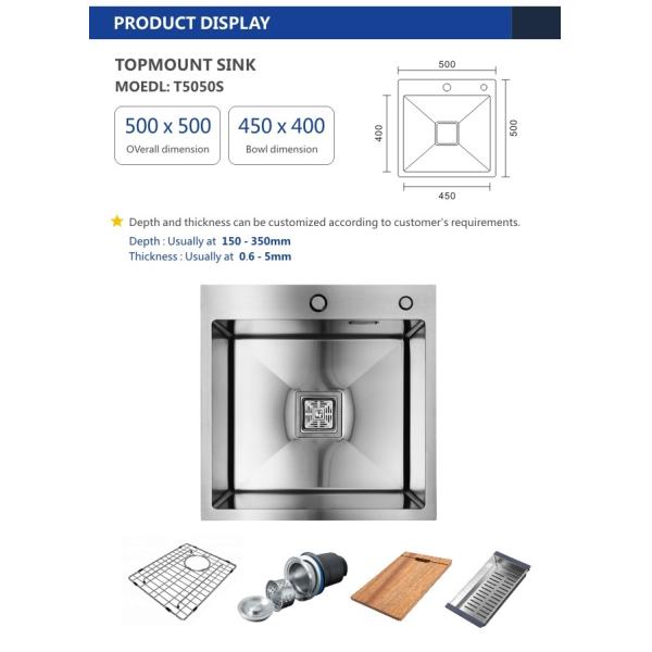 Topmount Stainless Steel Kitchen Sink Handmade Single Bowl 18 Gauge 50x50