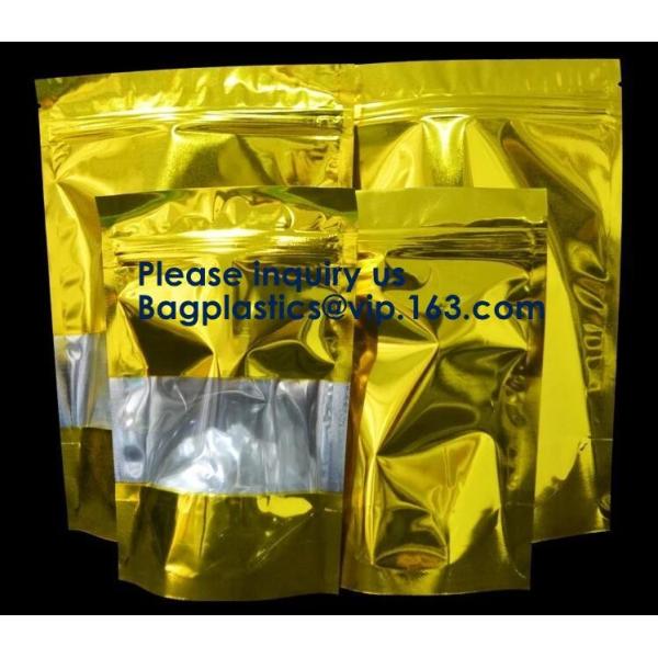3 Side Seal Metallized Foil Inside Stand Up Zipper Plastic Bags/ Glossy Gold Printing Flat Foil Pouch Bagease Bagplastic