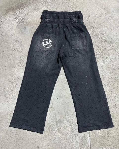 Vintage Acid Wash Distressed Rhinestone Double Waist Flared Baggy Sweatpants 100% algodão