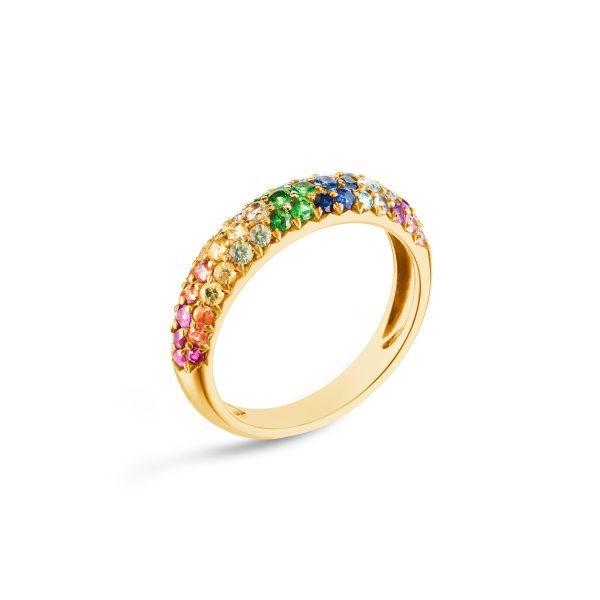 Anillo racimo de plata de ley 925 con baño de oro de 18K y circonitas arcoíris