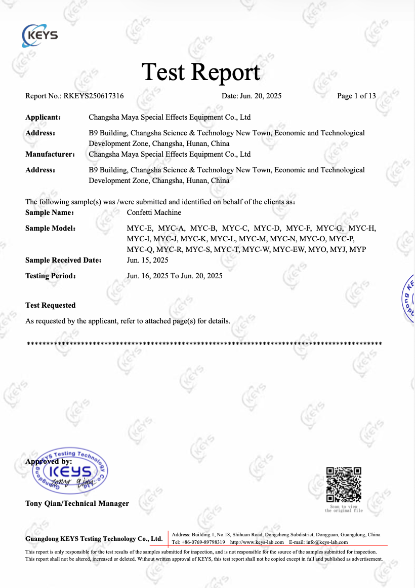 Changsha Maya Special Effects Equipment Co., Ltd Certifications