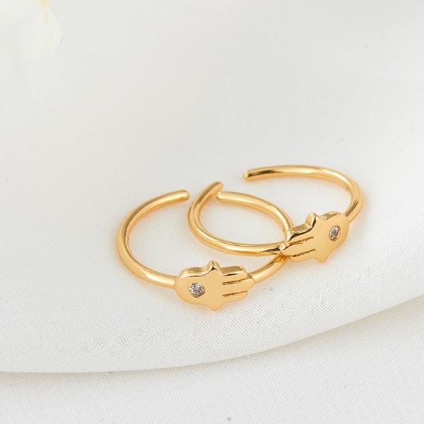 Simple Brass Micro-set Zircon 14K Gold Plated Hamsa Hand Star Shape Adjustable FashionJewelry Ring