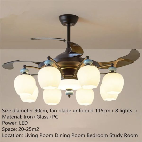 Luxury Ceiling Fan Light Remote LED Electric Fan Light with glass lampshade metal Stealth Fan Light (WH-VLL-28)