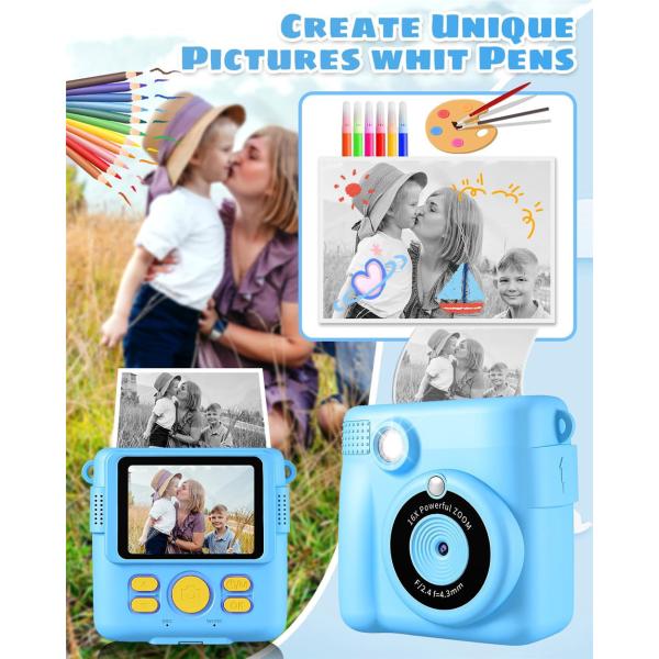 1080P HD Kids Digital Camera 2.4 inch Screen Size Instant Print 32G SD Card 3 Rolls Photo Paper Perfect Birthday Christmas Gifts for 6-12 Boys Girls