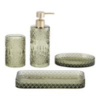 Accessoires de salle de bain en verre ensemble de couleur verte forme ronde modèle diamant distributeur de savon fût de savon plateau de serviette