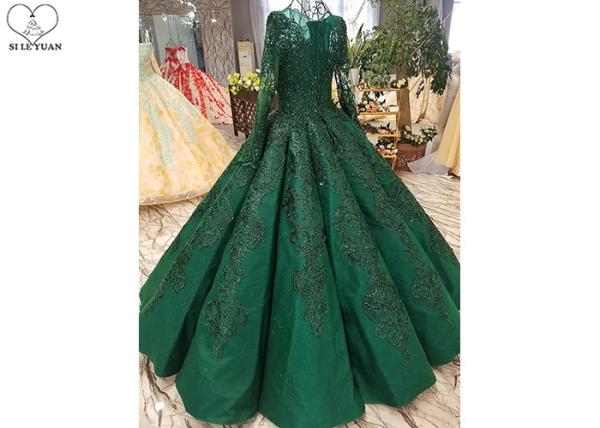 Luxury Heavy Beading Green Satin Prom Dress Perspective Long Sleeve Floor Length