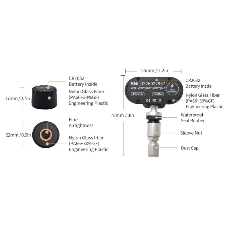 Car BL8 Wireless Internal TPMS Sensor with Chargeable Receiver Keychain and Mobile APP Compatible with Android & IOS