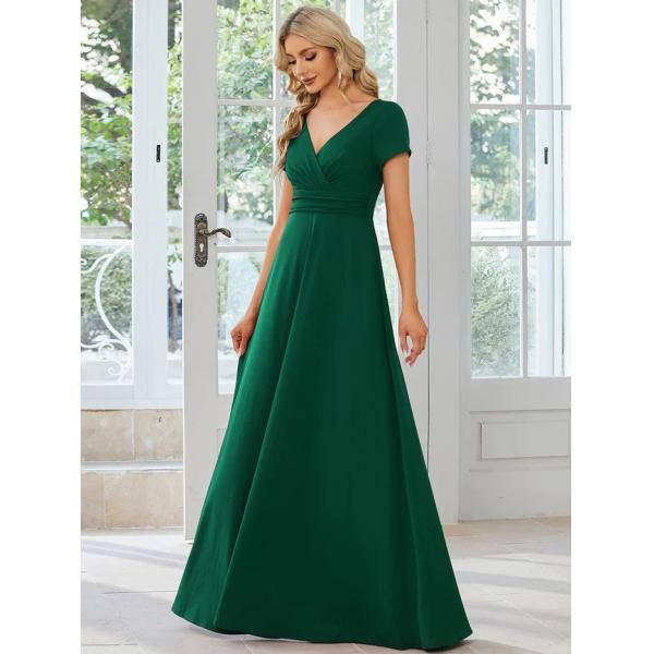 Sexy Custom Size V-neck Simple Pleated Empire Waist A-line Short Sleeve Dusty Rose Satin Evening Dress