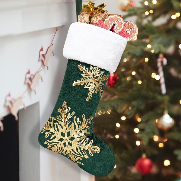 3PC Christmas Stocking,Sequin Hanging Stocking Decorations Christmas Party Family Decor (Green)