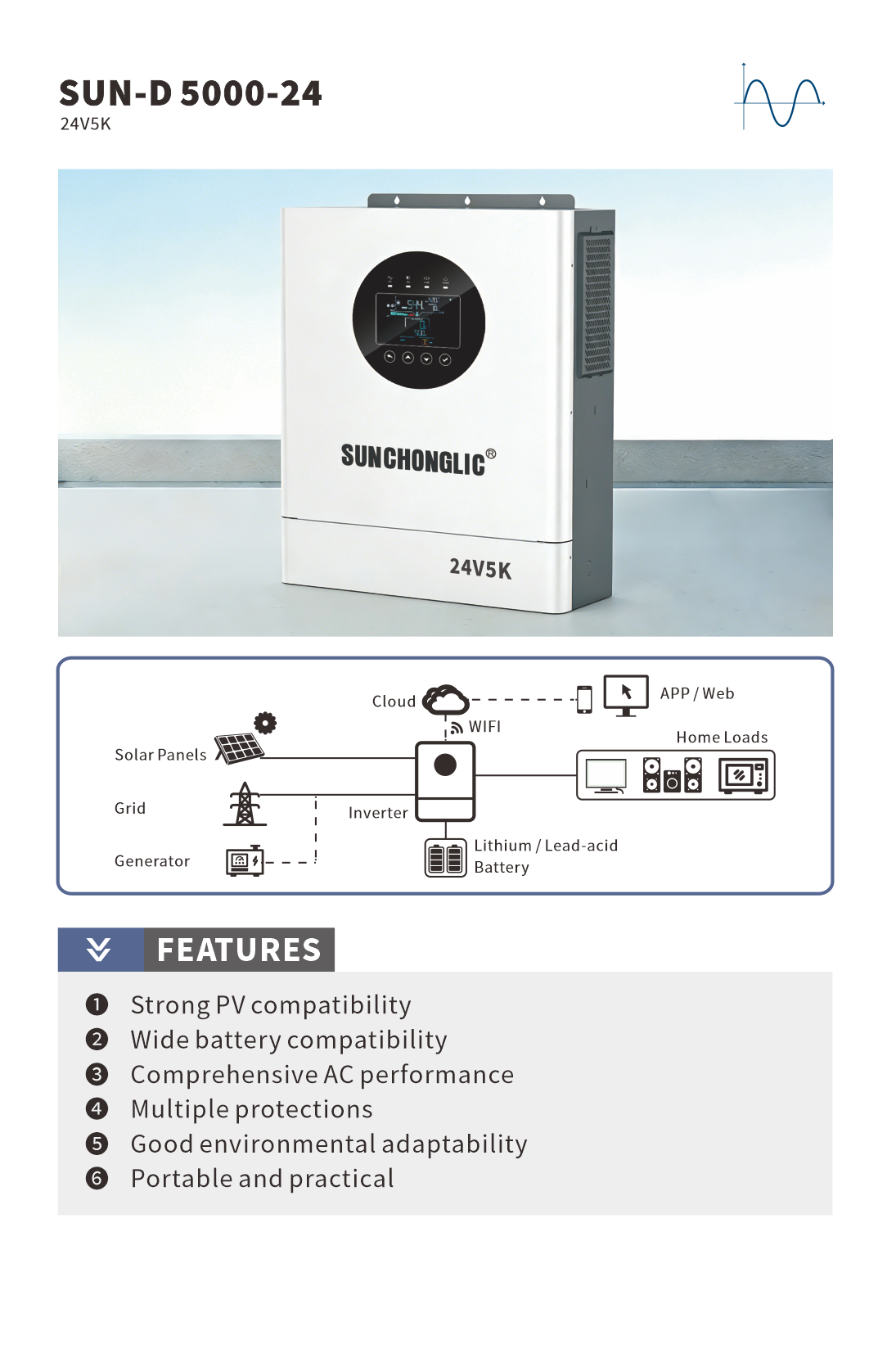 5000W 24V Pure Sine Wave Hybrid Solar Inverter with MPPT Charger and UPS Function
