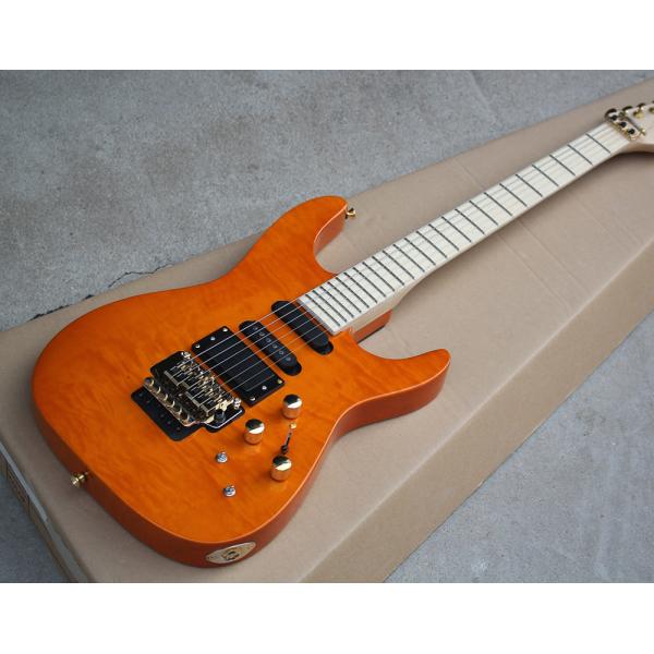 Factory Custom Orange Electric Guitar with Floyd Rose,3 Pickups,No Frets Inlay,Gold Hardware,Flame Maple Veneer
