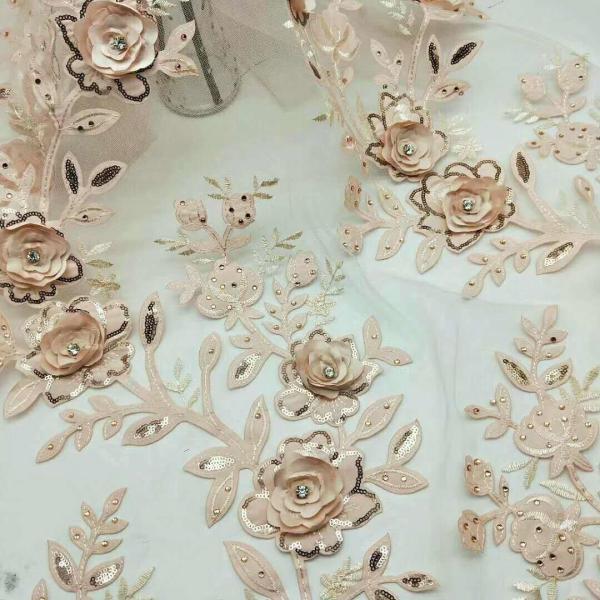 3D Flower Embroidered Lace Fabric , Sequin Lace Mesh Fabrics For Fashion Dresses