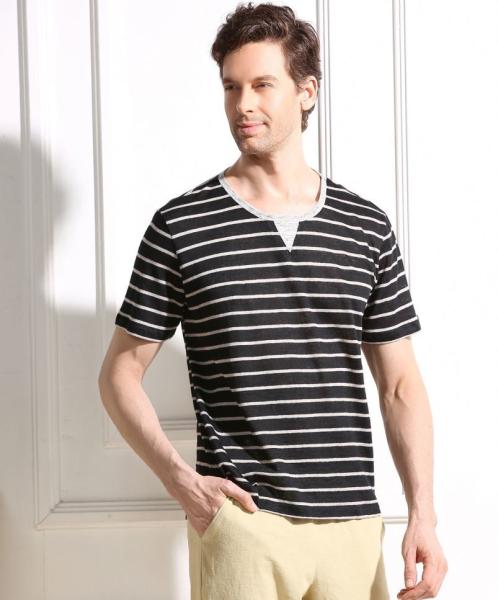 45% Cotton 55% Hemp Material Red And White Striped T Shirt Mens Casual Style