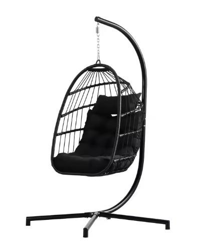 Foldable Patio Swing Hanging Chair With Stand Rattan Hanging Round Swing Egg Chair