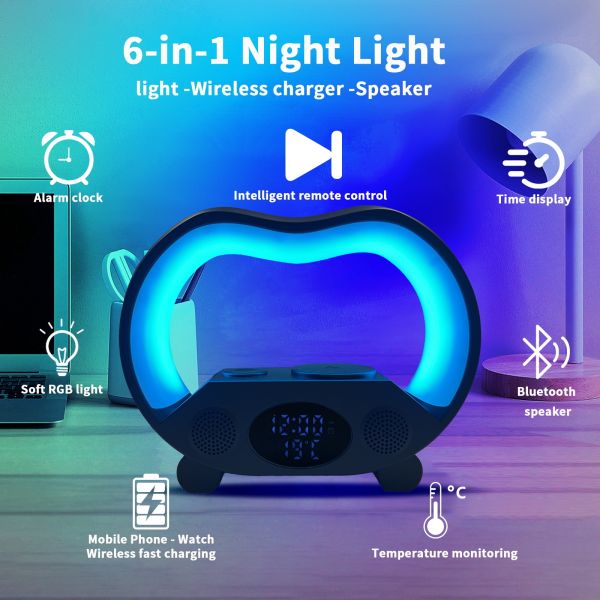 Wireless Charger LED Alarm Clock 5W - 10W Integrated Speaker RGB Night Light