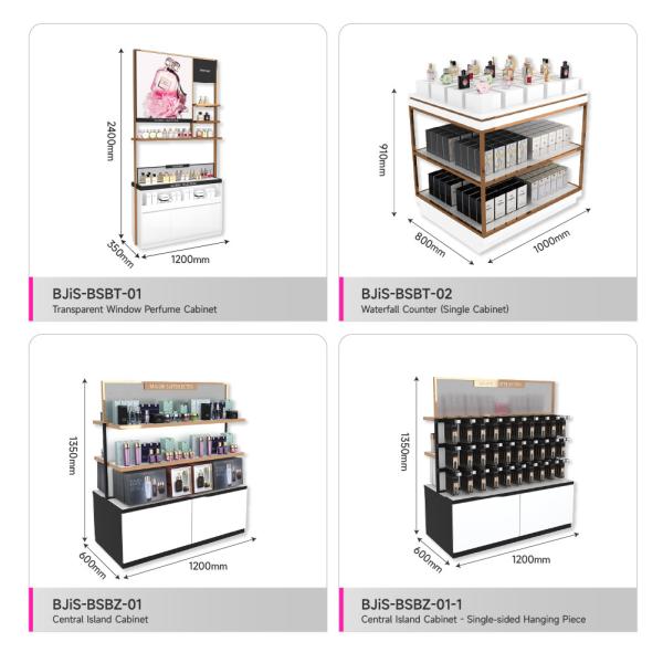 Gabinete de isla de madera platino para tienda de belleza con luces LED para gabinete de tienda de maquillaje de marca y estante de exhibición de lujo