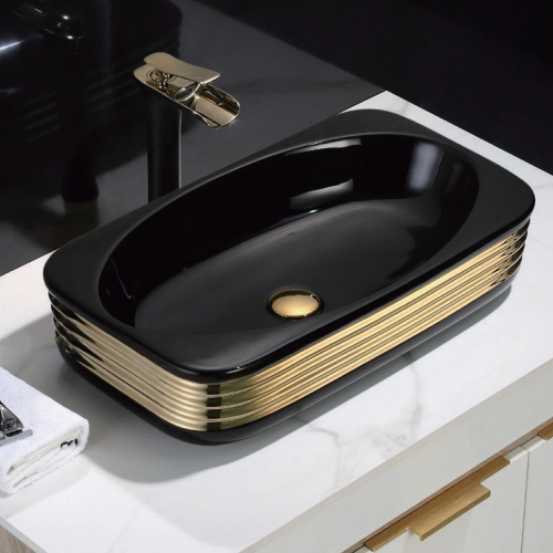 Custom Design Counter top Matte Black Ceramic Bathroom Sink Modern Black and Gold Color Art Wash Basin
